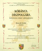 Kőbánya Díszpolgára kitüntetés Bereczki Sándor részére